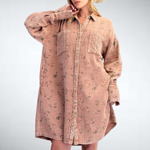Easel Tops - Easel Oversized Floral Print Cotton Gauze Washed Shirt Dress Mocha Mousse Size S